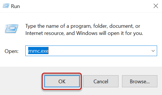 The run dialog with mmc.exe entered in the open box with the ok button circled.