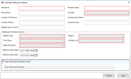 Screenshots of fields required for configuring a settlement market.