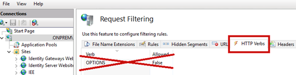 The OPTIONS verb is disallowed in the IIS Request Filtering control.