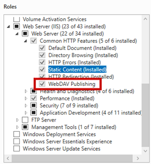 WebDAV Publishing option under roles in Common HTTP Features section.