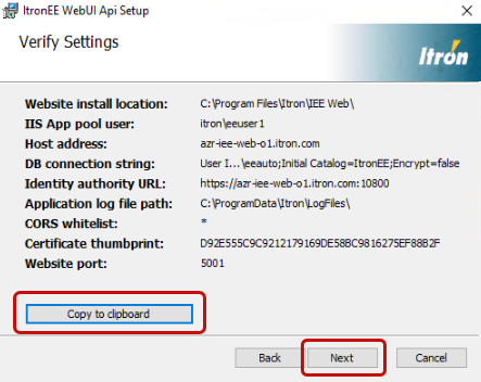 the Verify Setting dialog