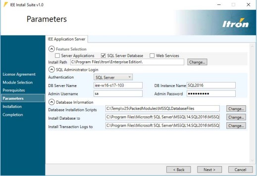 parameters screen