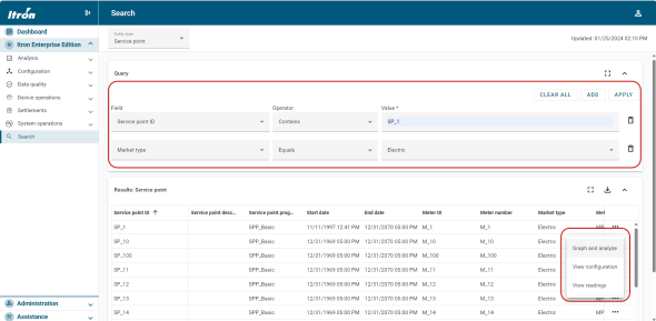 The entity search page for the service point entity type.