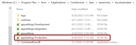 Location of the apps.settings.Production.json file.